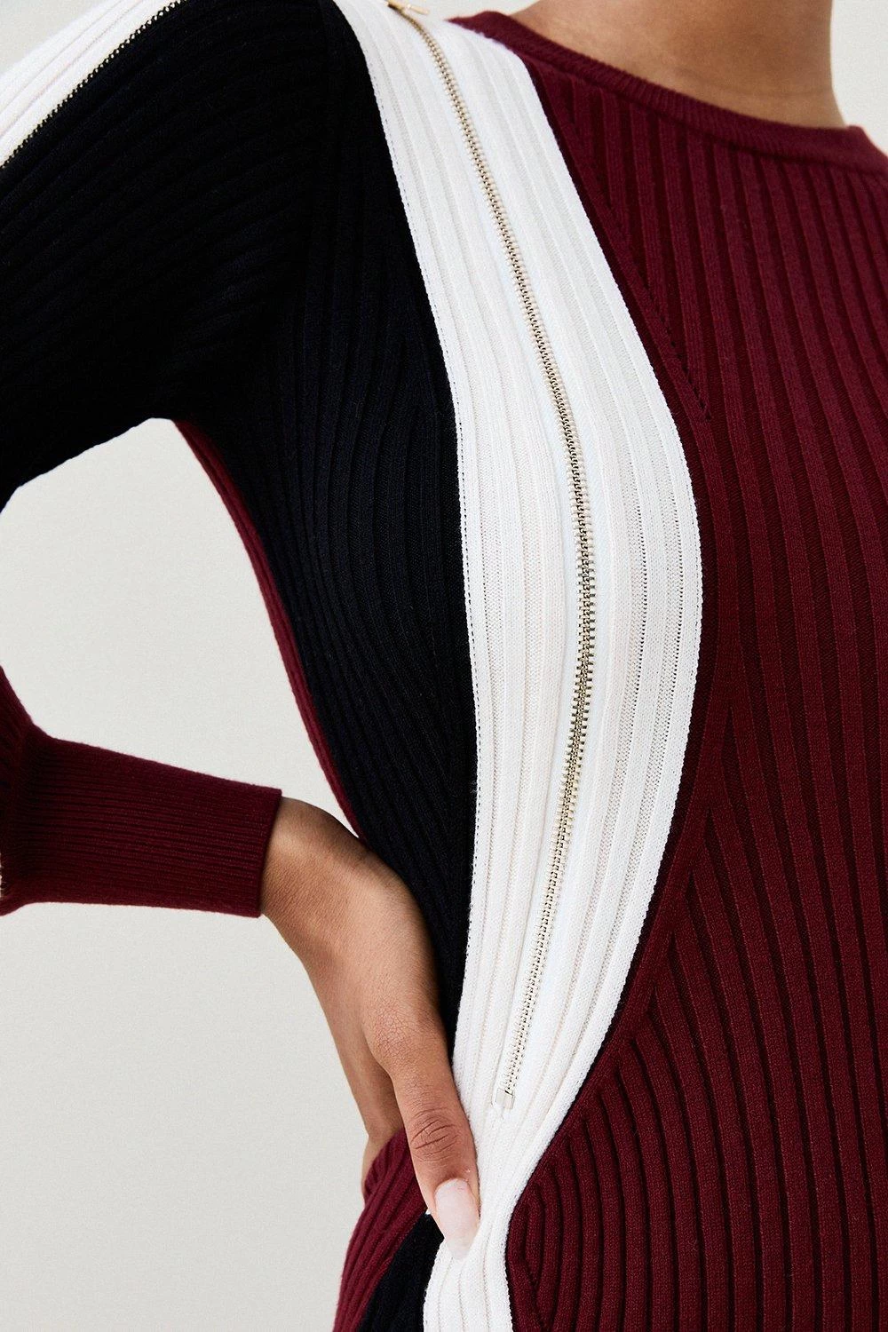 Karen Millen Viscose Blend Contoured Zip Detail Colour Block Knit Mini Dress - Image 4