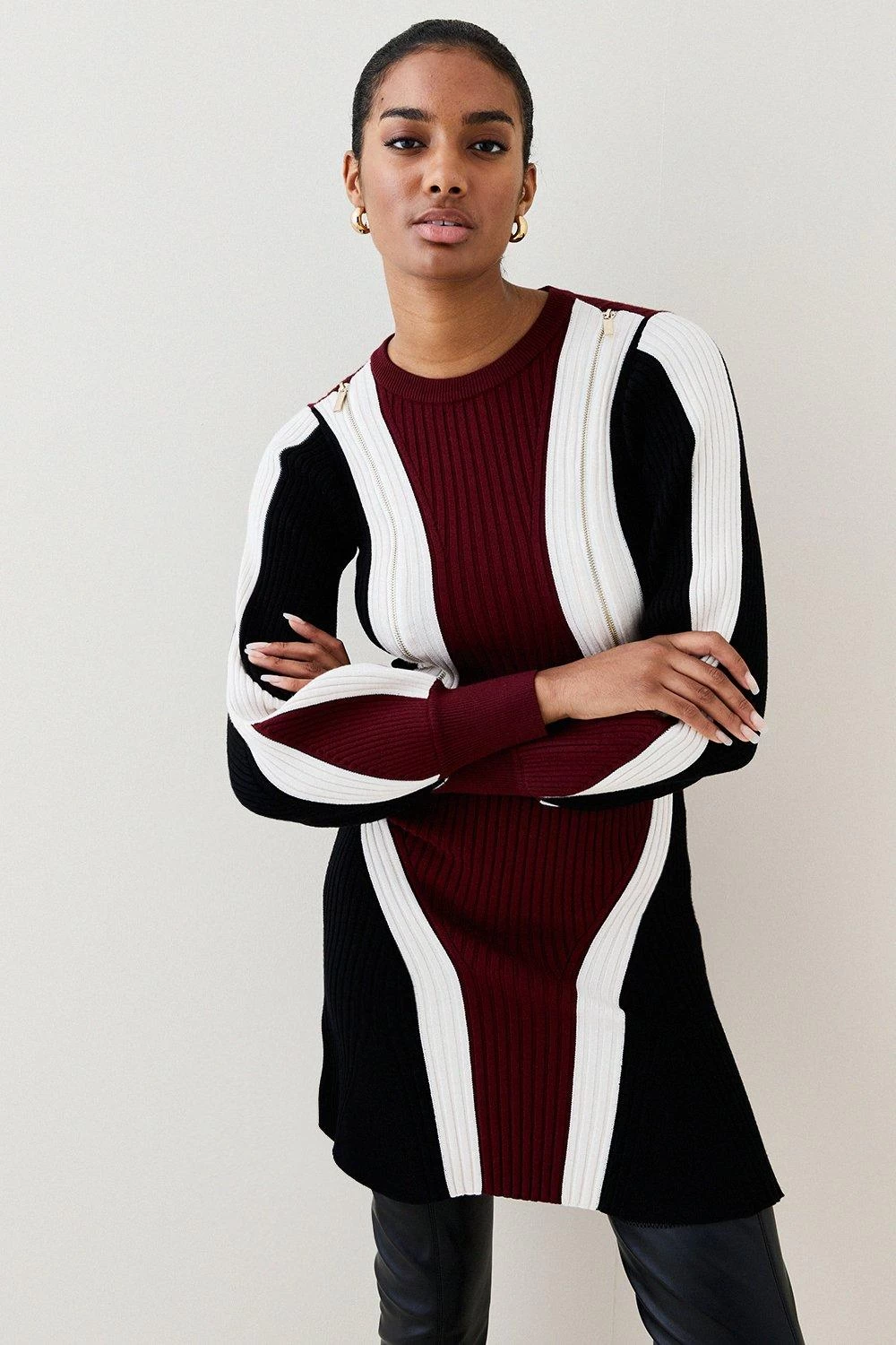 Karen Millen Viscose Blend Contoured Zip Detail Colour Block Knit Mini Dress - Image 5
