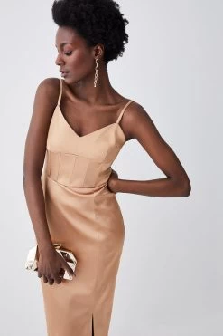 Karen Millen Italian Structured Satin Corset Detail Pencil Midi Dress