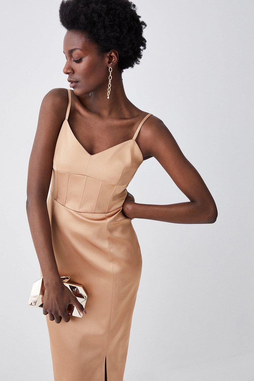 Karen Millen Italian Structured Satin Corset Detail Pencil Midi Dress