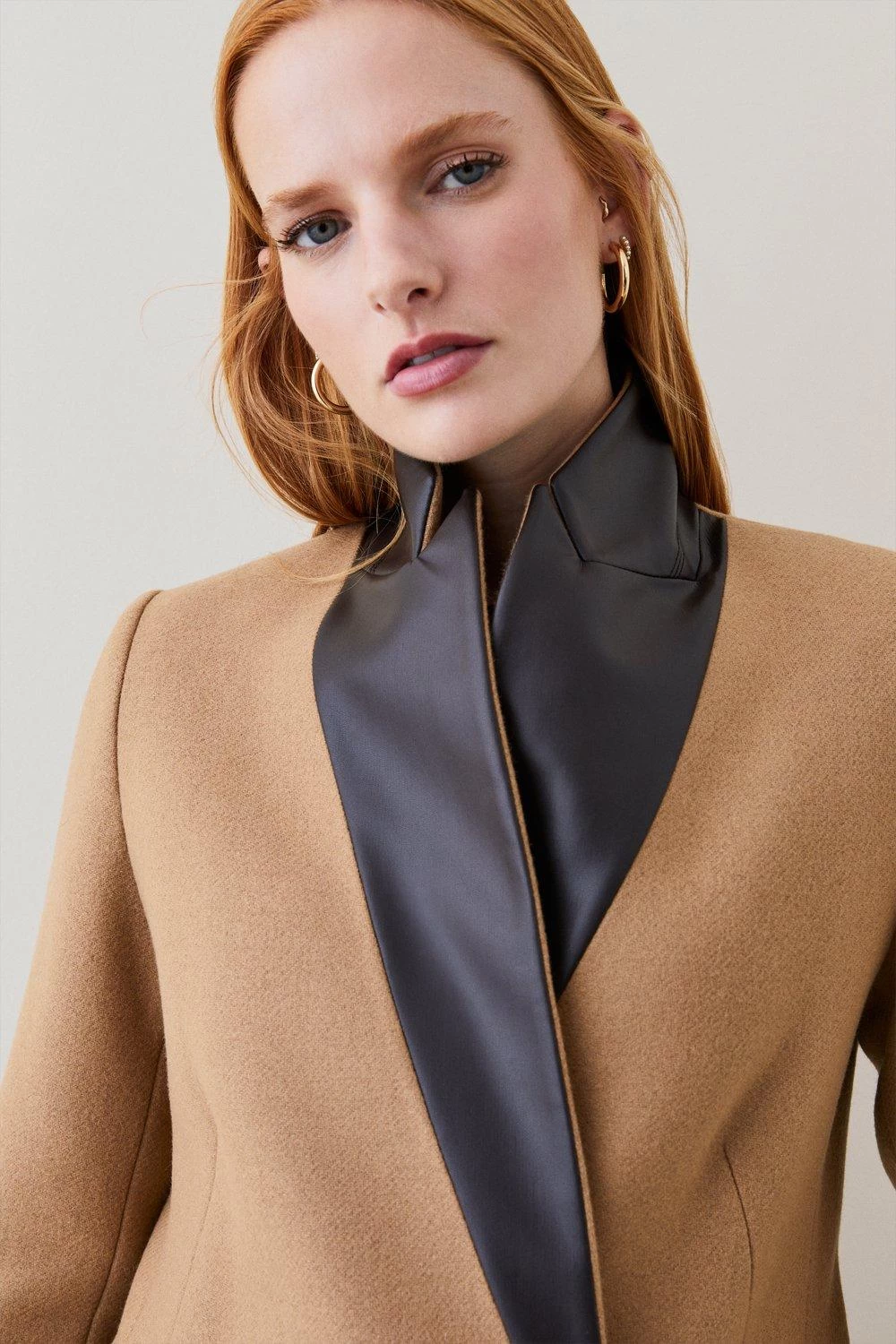 Karen Millen Italian Virgin Wool Faux Leather Contrast Double Breasted Coat - Image 3