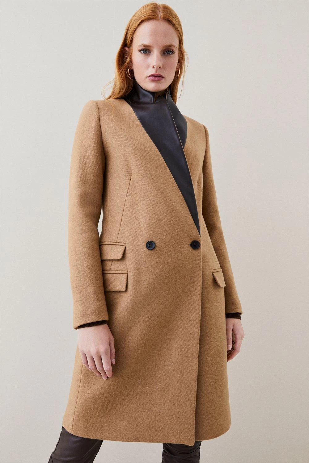 Karen Millen Italian Virgin Wool Faux Leather Contrast Double Breasted Coat - Image 6