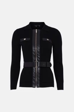 Karen Millen Pu Trim Belted Knit Jacket