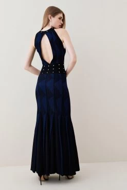 Karen Millen Contrast Jacquard Stud Detail Knit Maxi Dress