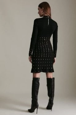 Karen Millen Long Sleeve Knitted Dress With Stud Detailing