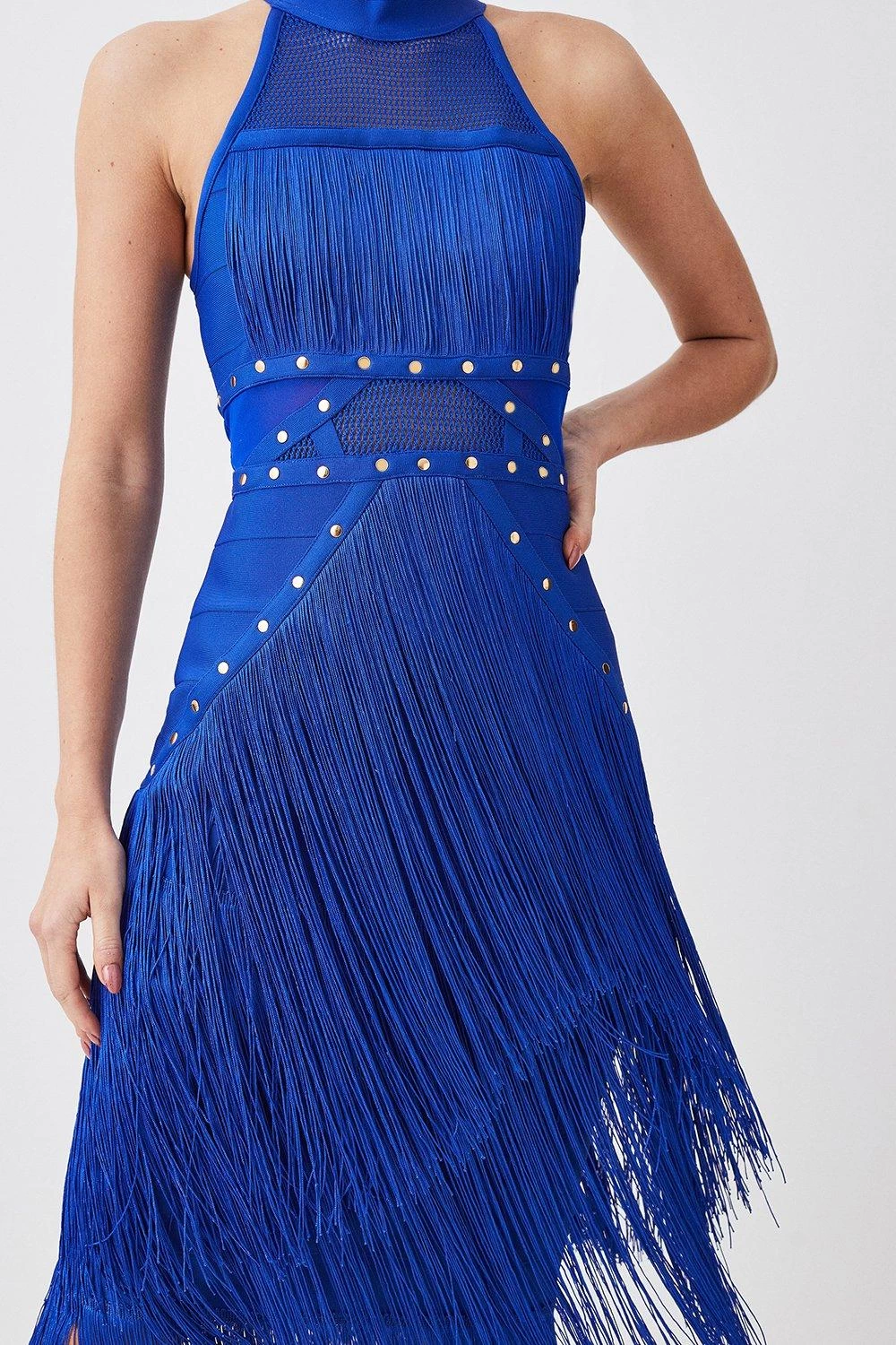 Karen Millen Studded Fringe Mesh Insert Halterneck Bandage Midi Dress - Image 4
