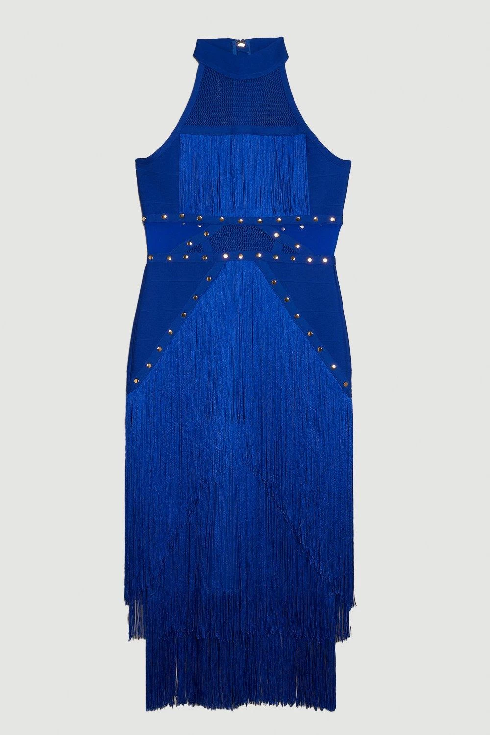 Karen Millen Studded Fringe Mesh Insert Halterneck Bandage Midi Dress - Image 5