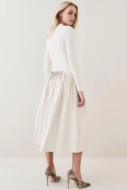 Karen Millen Knitted Pleated Midi Dress With Pu Detailing
