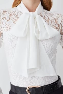 Karen Millen Lace Jersey Contrast Pussy Bow Sleeve Bodysuit