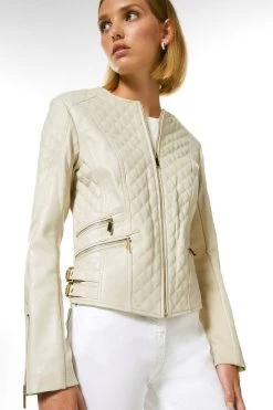 Karen Millen Petite Leather Quilted Biker Jacket
