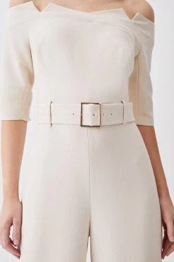 Karen Millen Structured Crepe Off Shoulder Wide Leg Jumpsuit