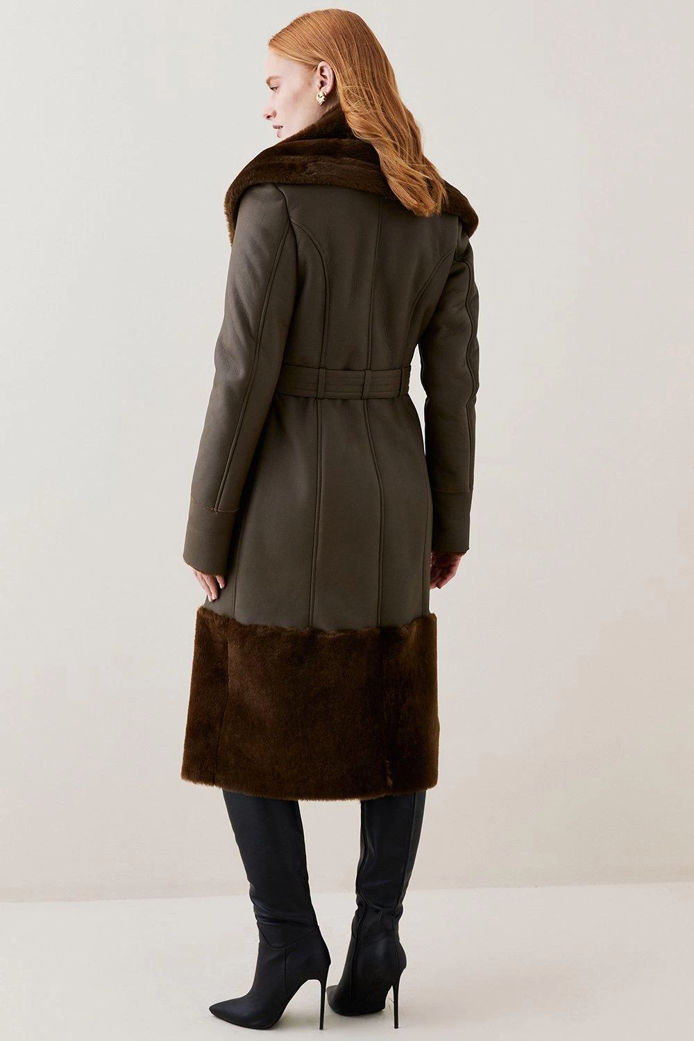 Karen Millen Lydia Millen Shearling And Leather Shawl Collar Belted Coat - Image 2