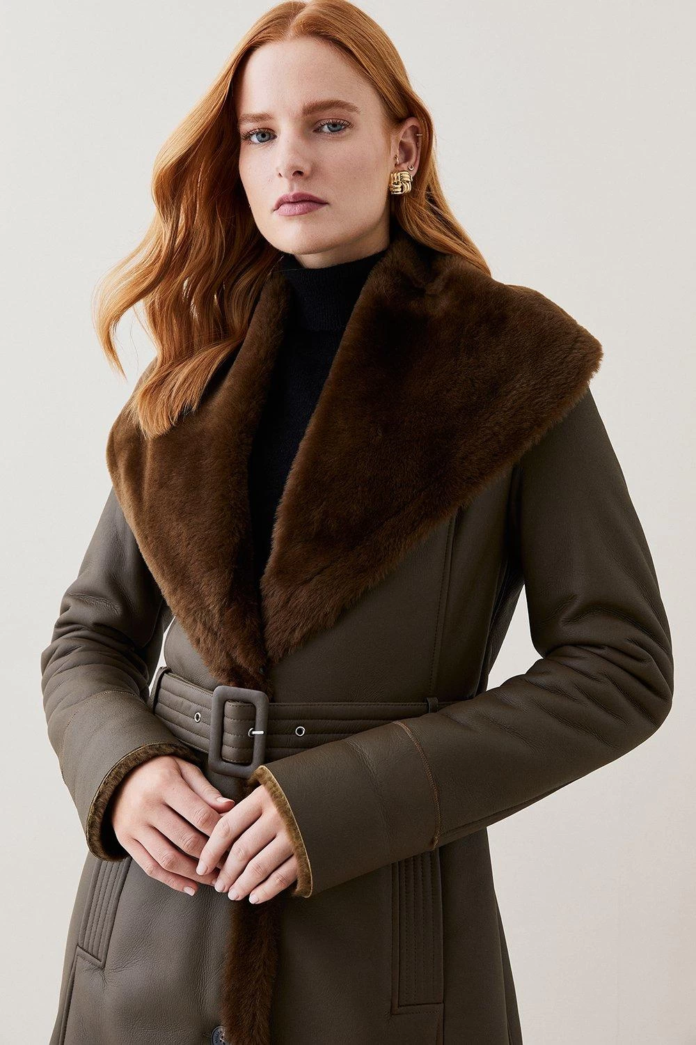 Karen Millen Lydia Millen Shearling And Leather Shawl Collar Belted Coat - Image 3