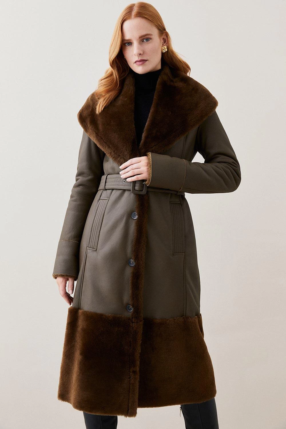Karen Millen Lydia Millen Shearling And Leather Shawl Collar Belted Coat - Image 4