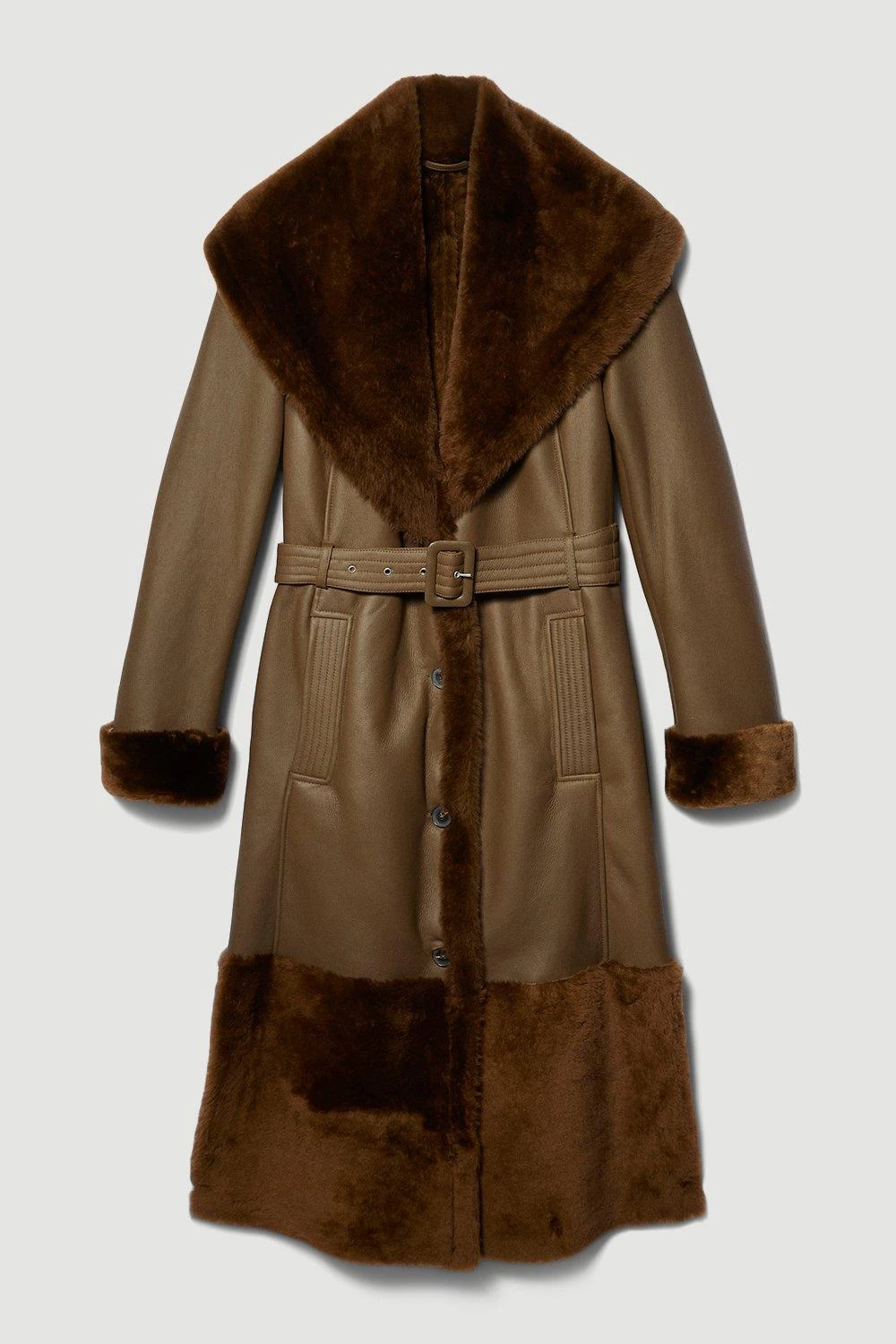 Karen Millen Lydia Millen Shearling And Leather Shawl Collar Belted Coat - Image 5