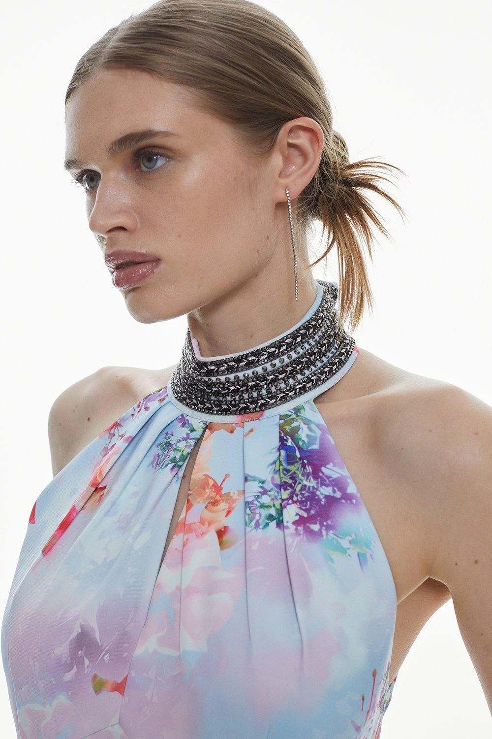 Karen Millen Diamante Trim Floral Woven Mini Dress - Image 2