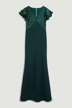 Karen Millen Ruffle Back V Neck Satin Maxi Dress