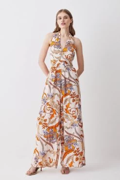Karen Millen Batik Halter Neck Wide Leg Jumpsuit