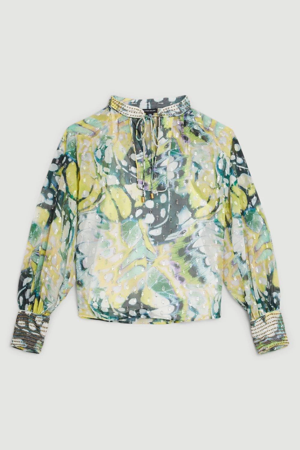 Karen Millen Butterfly Metallic Beaded Tie Neck Woven Blouse - Image 2