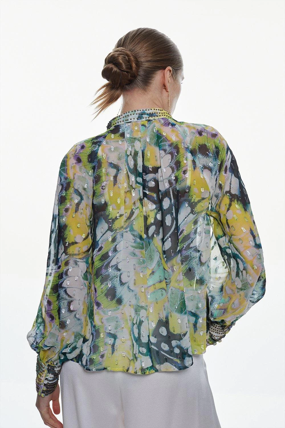 Karen Millen Butterfly Metallic Beaded Tie Neck Woven Blouse - Image 4