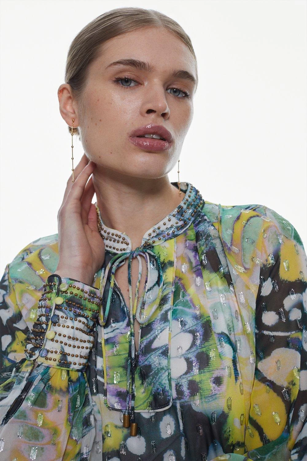 Karen Millen Butterfly Metallic Beaded Tie Neck Woven Blouse - Image 5