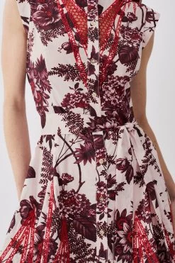 Karen Millen Floral Cotton Cutwork And Print Mini Shirt Dress