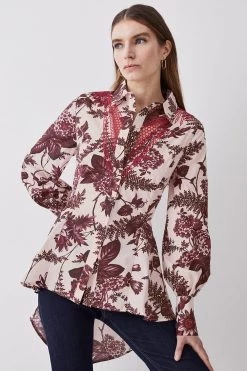 Karen Millen Floral Cotton Cutwork And Print Woven Shirt