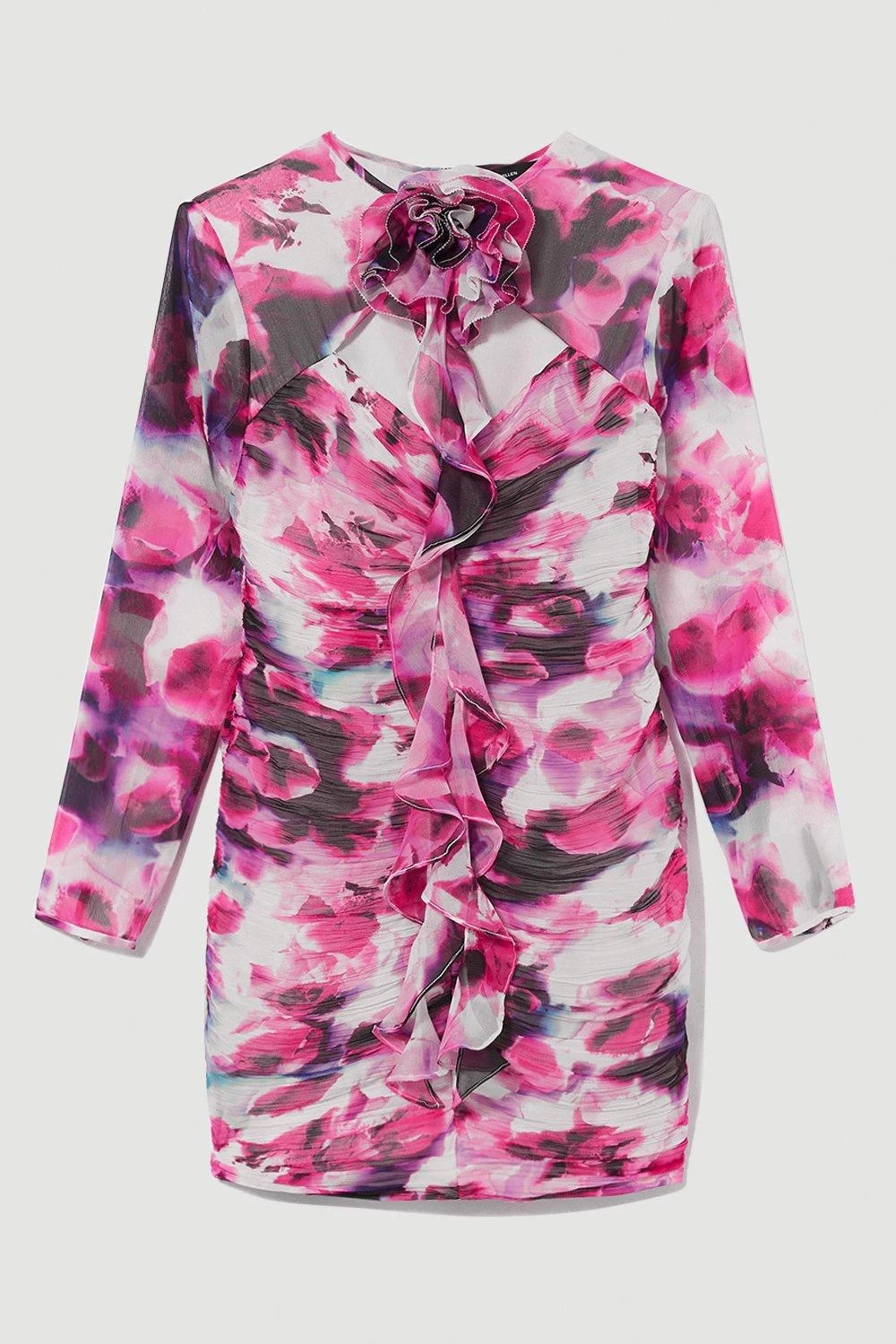 Karen Millen Petite Chiffon Corsage Ruched Mini Dress - Image 2