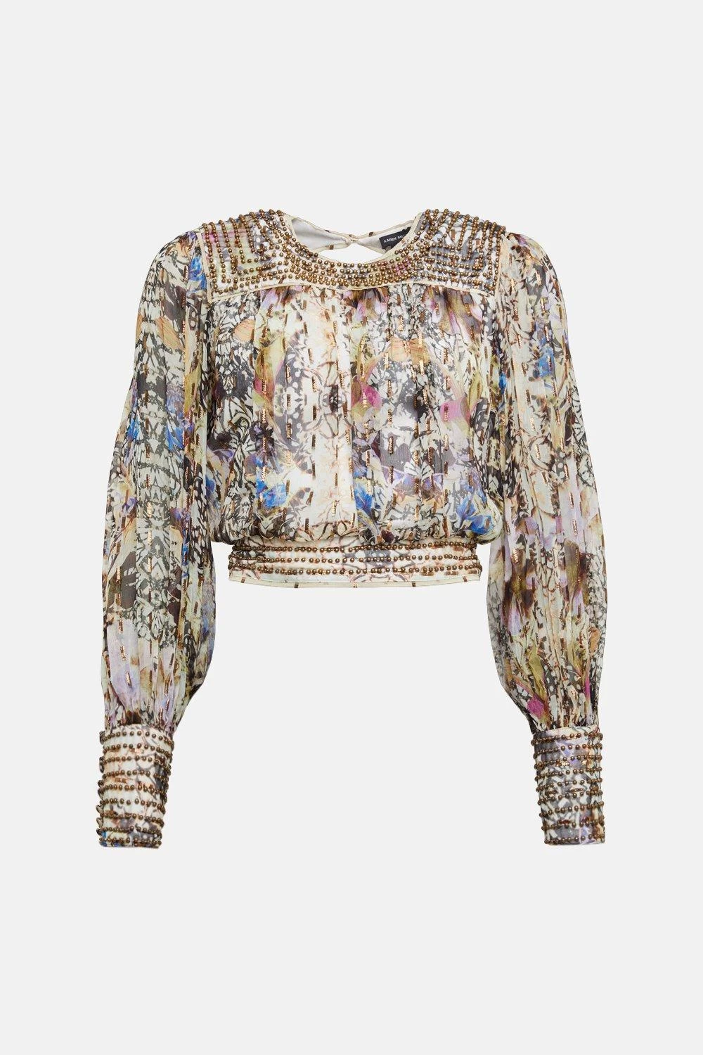 Karen Millen Place Border Print Beaded Blouse - Image 3