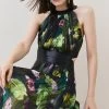 Karen Millen Floral Pleated Pu Halter Woven Maxi Dress