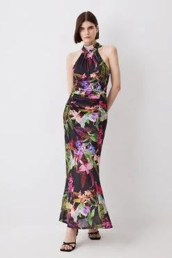 Karen Millen Floral Print Mesh Halter Jersey Maxi Dress