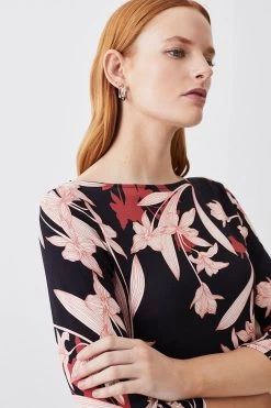 Karen Millen Printed Half Sleeve Slash Neck Viscose Blend Jersey Top