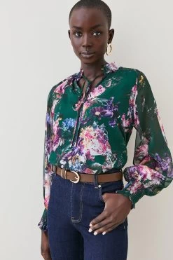 Karen Millen Floral Shirred Detail Woven Blouse
