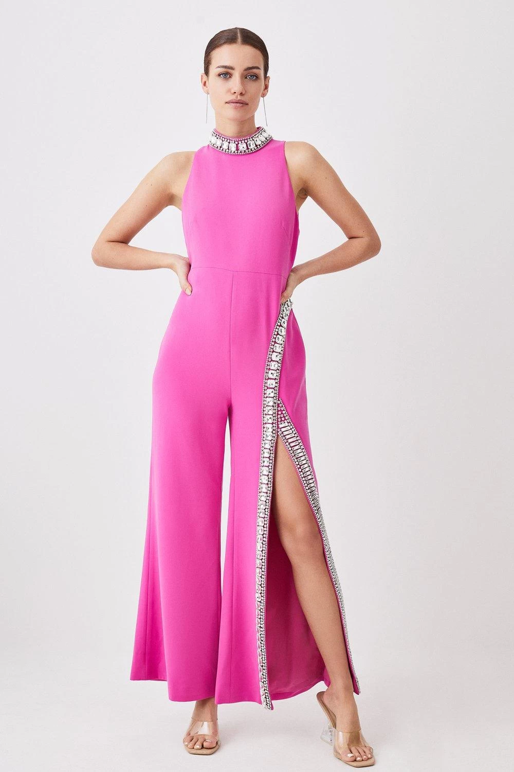 Karen Millen Petite Crystal Embellished Woven Thigh Split Jumpsuit