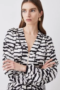 Karen Millen Geo Print Satin Piped Tiered Belted Mini Dress