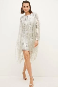 Karen Millen Beaded Fringed Woven Mini Dress