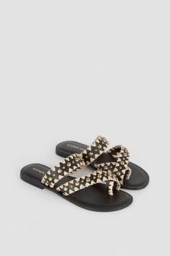 Karen Millen Leather Studded Raffia Mix Sandal
