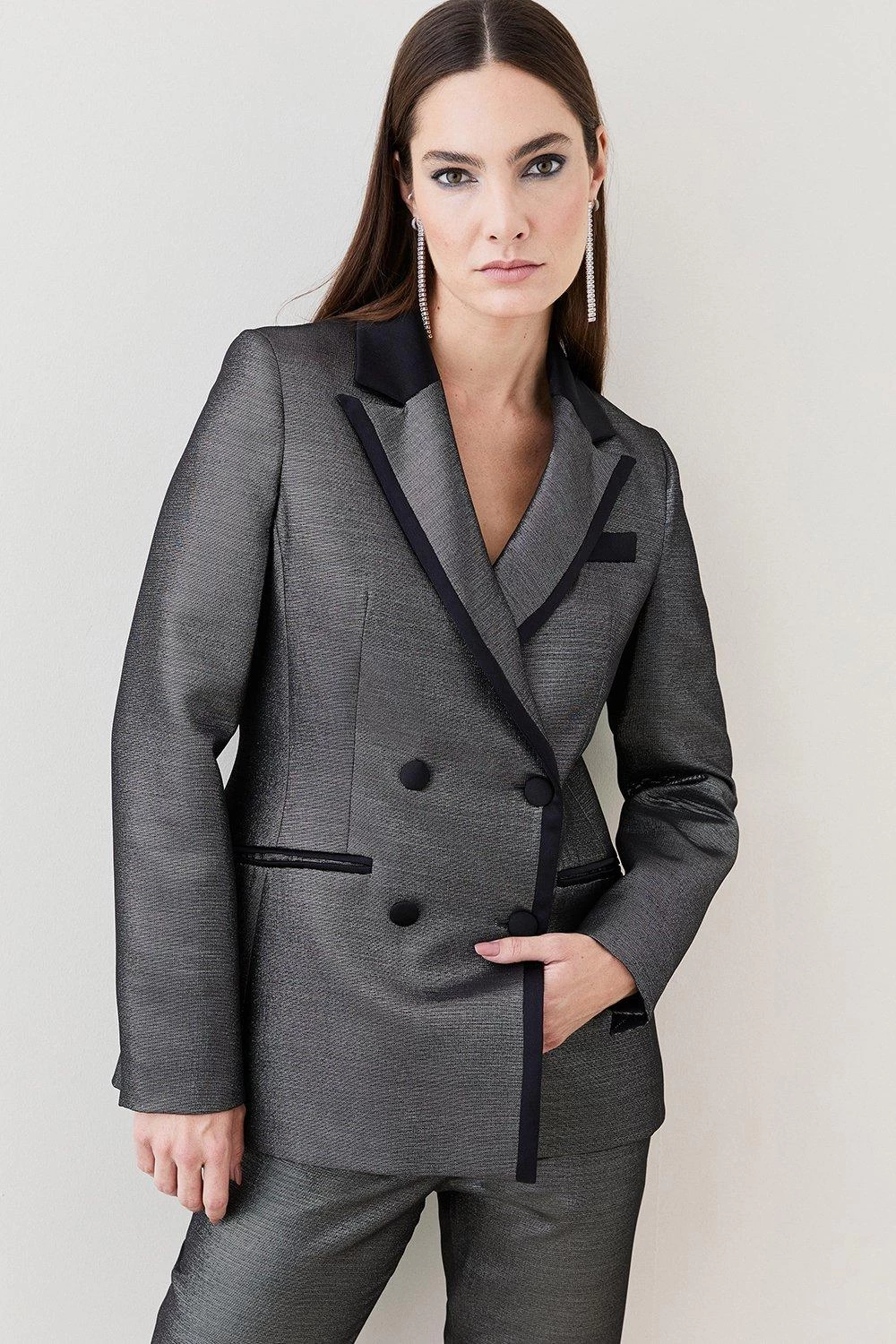 Karen Millen Metallic Jacquard Tailored Single Breasted Jacket - Image 3