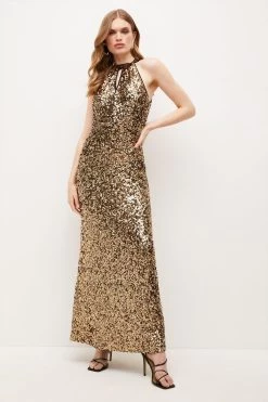 Karen Millen Sequinned Halter Maxi Dress
