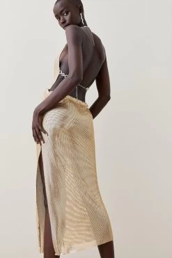 Karen Millen Slinky Chainmail Diamante Draped Halter Maxi