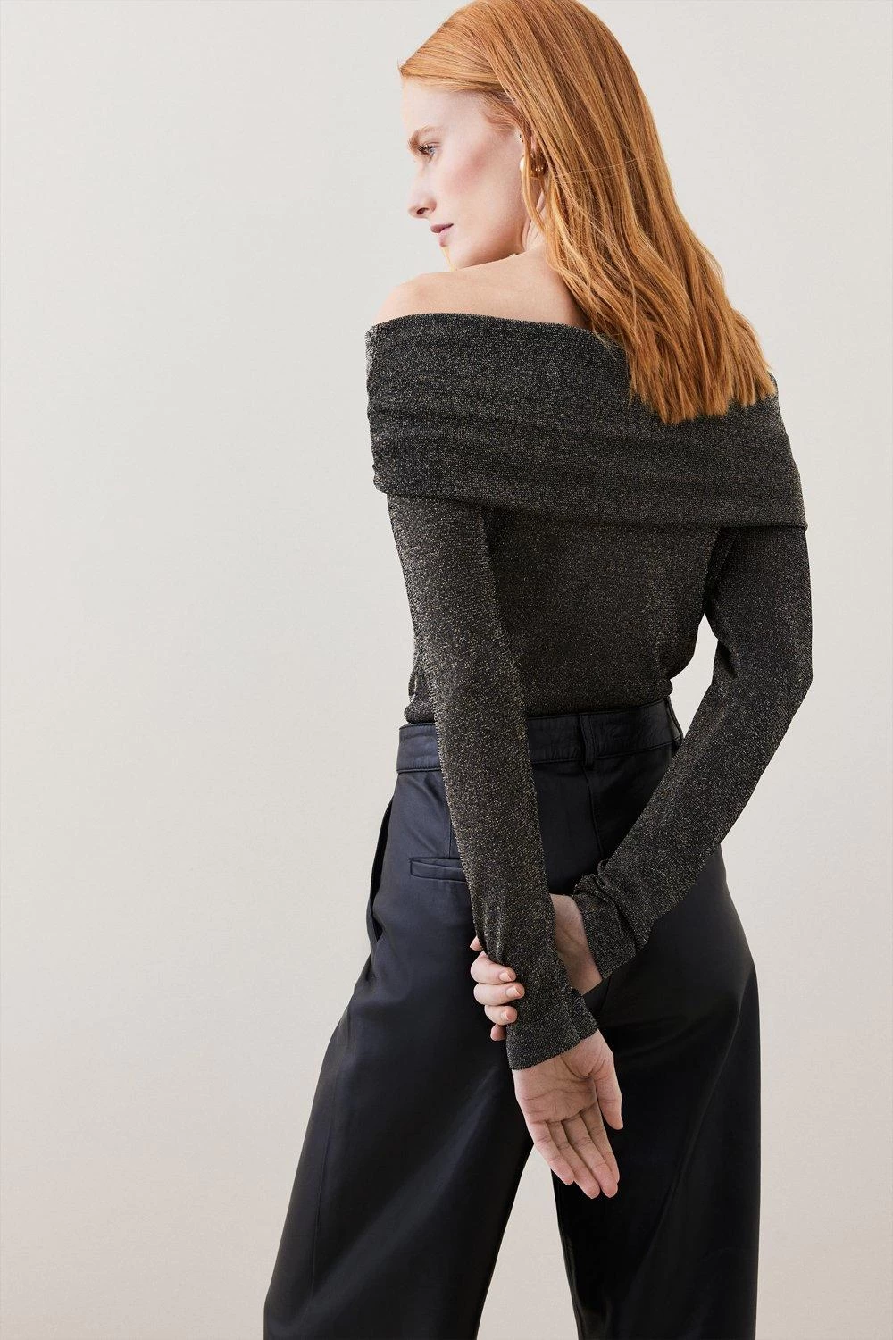 Karen Millen Sparkle Slinky Knit Drape Bardot Top - Image 2