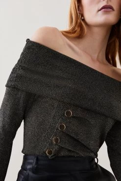 Karen Millen Sparkle Slinky Knit Drape Bardot Top