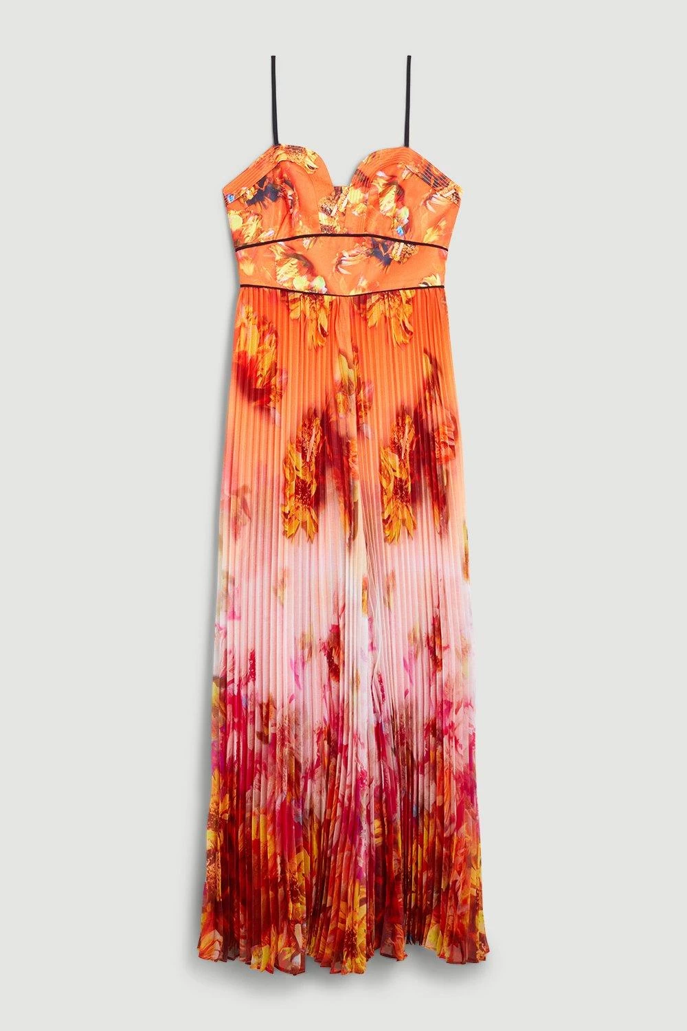 Karen Millen Golden Floral Satin Pleated Woven Jumpsuit - Image 3
