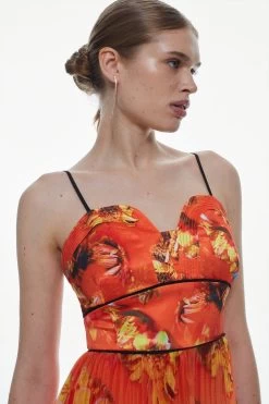 Karen Millen Golden Floral Satin Pleated Woven Jumpsuit