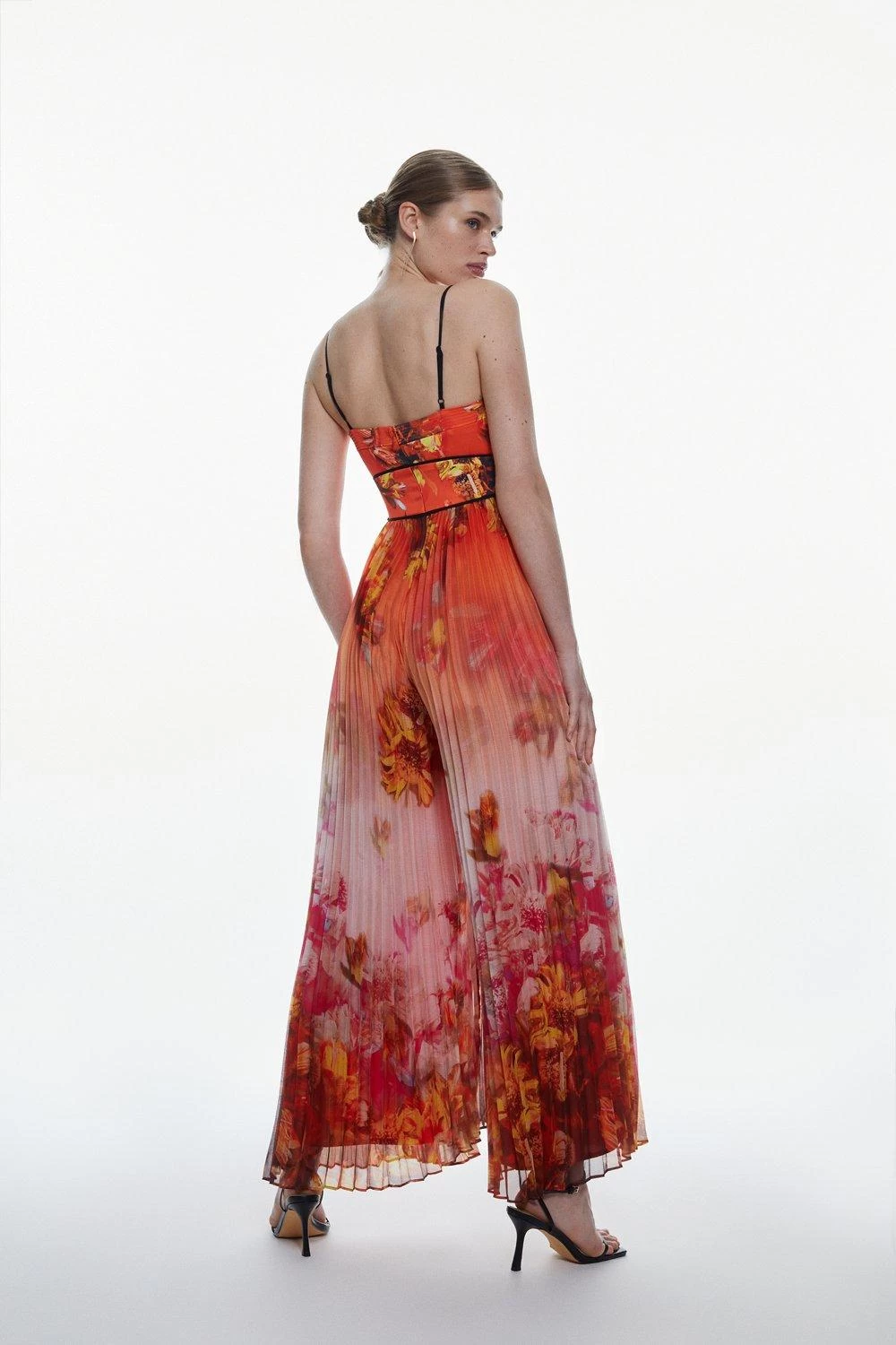 Karen Millen Golden Floral Satin Pleated Woven Jumpsuit - Image 4