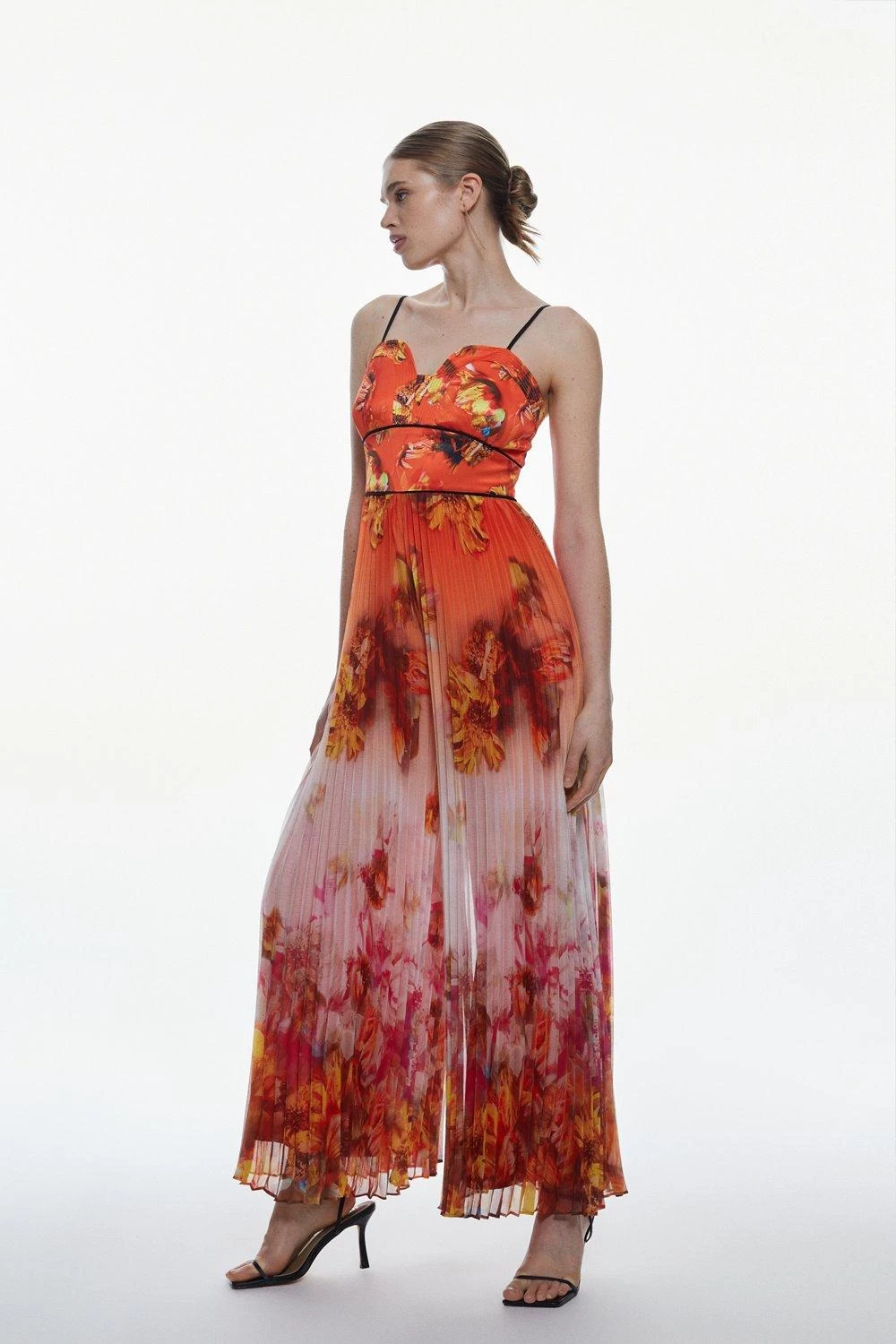 Karen Millen Golden Floral Satin Pleated Woven Jumpsuit - Image 5