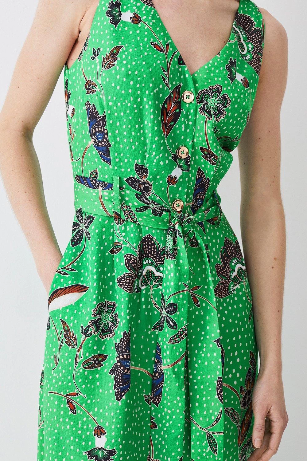 Karen Millen Batik Print Belted Premium Linen Viscose Woven Midi Dress - Image 4