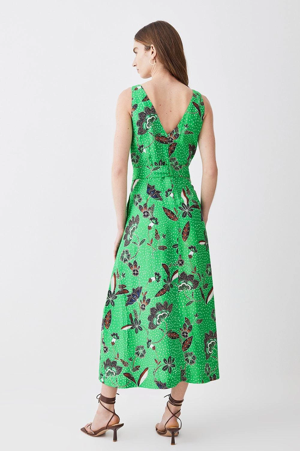 Karen Millen Batik Print Belted Premium Linen Viscose Woven Midi Dress