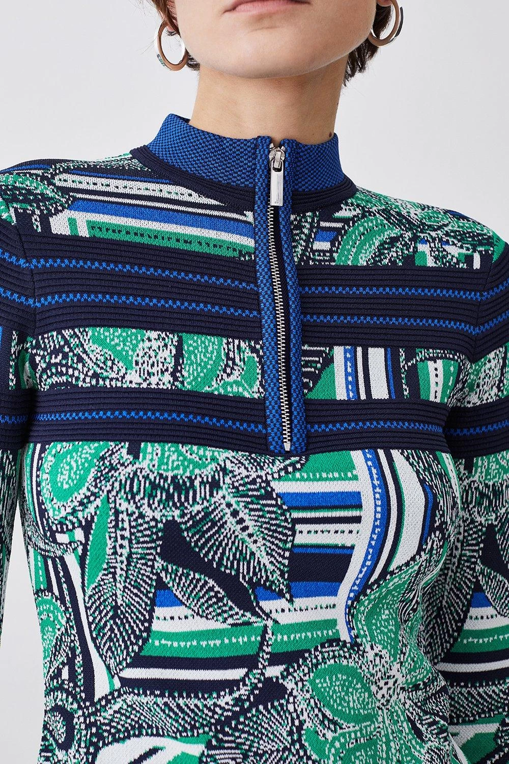 Karen Millen Floral Stripe Jacquard Zip Neck Knit Jumper - Image 2
