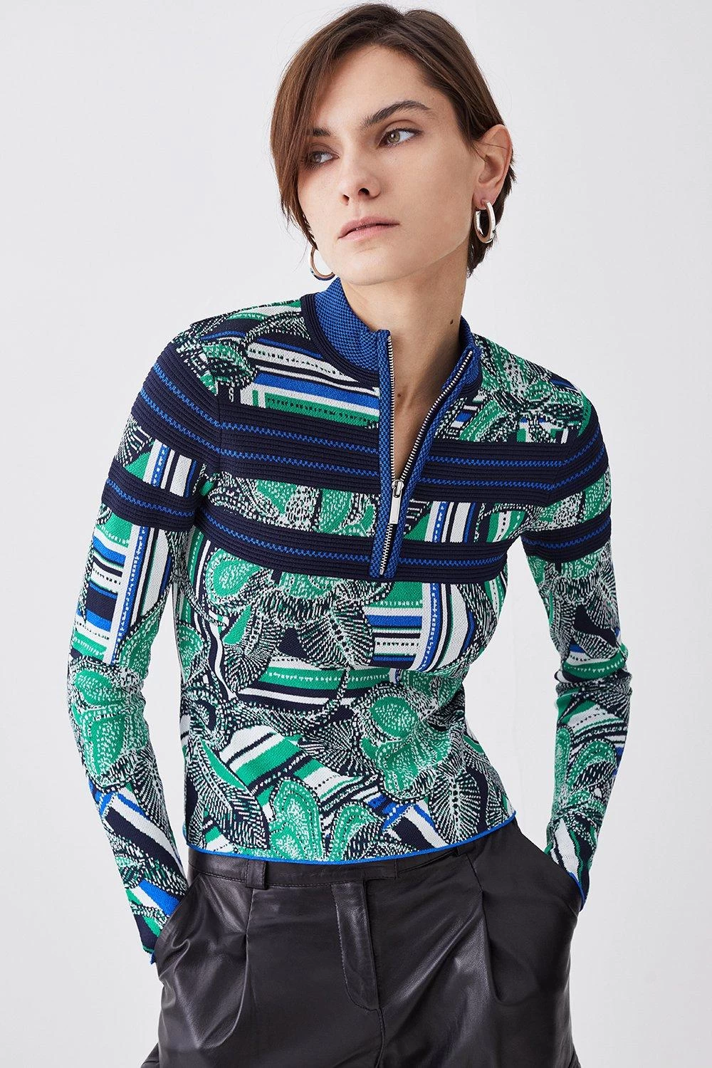 Karen Millen Floral Stripe Jacquard Zip Neck Knit Jumper - Image 3